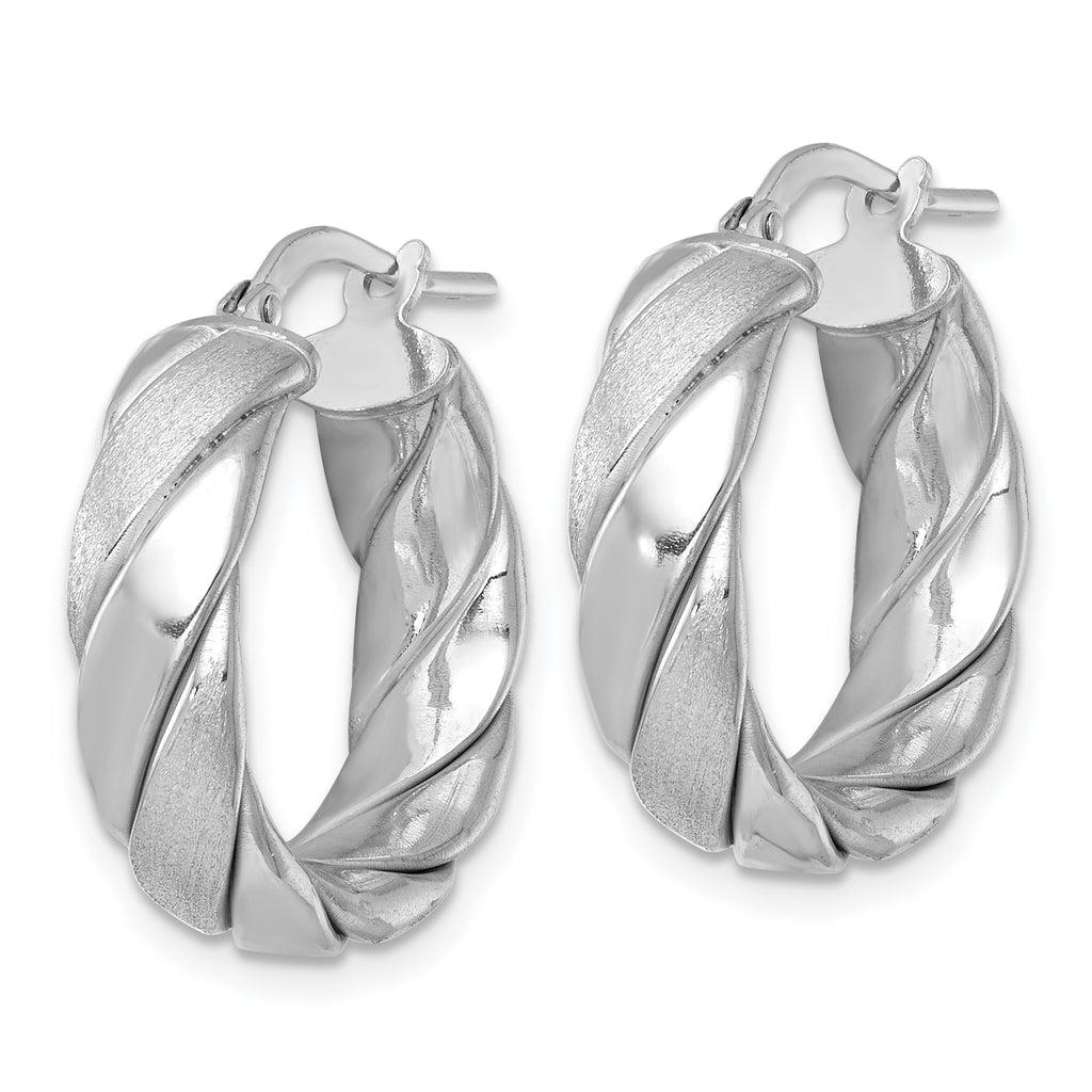 Sterling Silver Rhodium-plated Polished Brushed/Textured 6.00mm x 22mm Tube Hoop Earrings