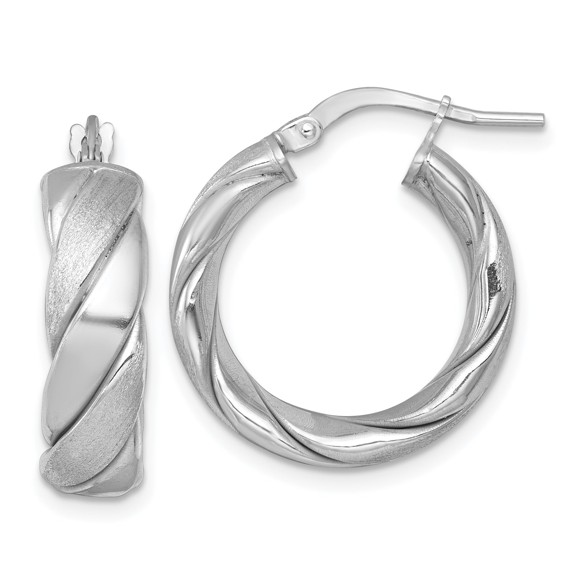 Sterling Silver Rhodium-plated Polished Brushed/Textured 6.00mm x 22mm Tube Hoop Earrings Main image