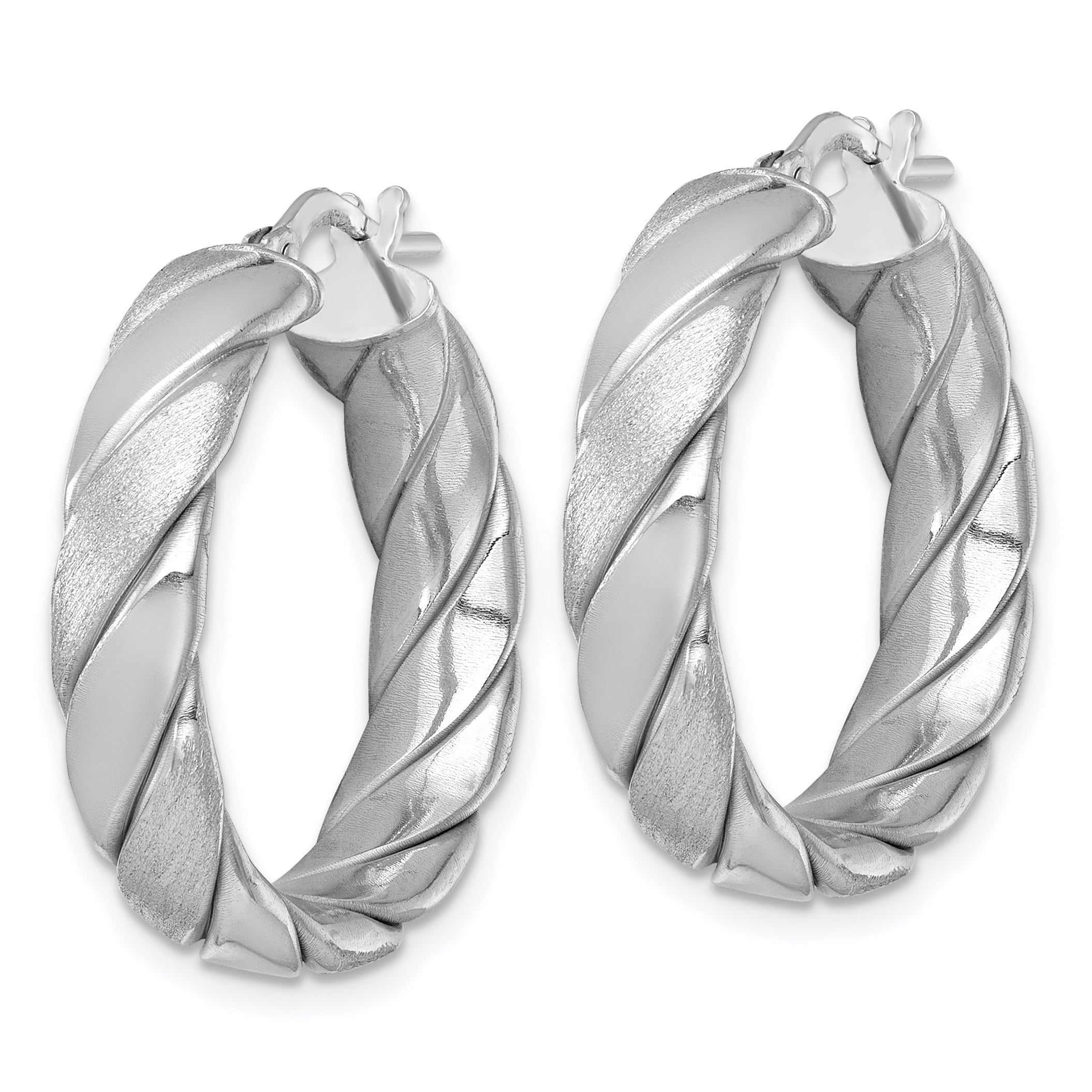 Sterling Silver Rhodium-plated Polished Brushed/Textured 6.00mm x 26mm Tube Hoop Earrings Secondary image