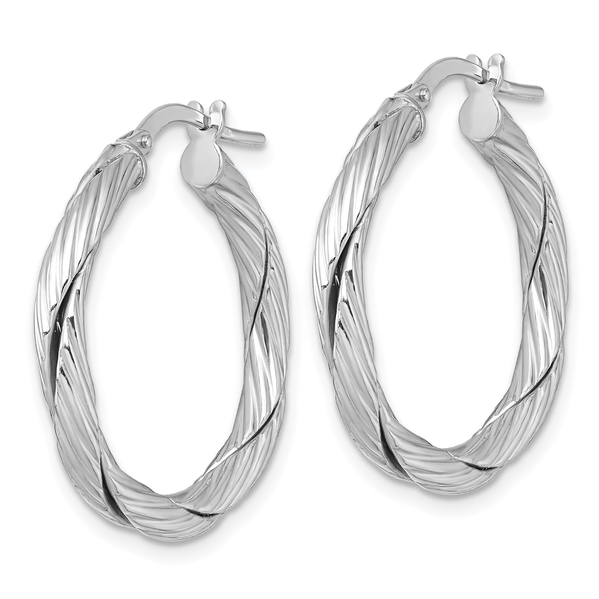 Sterling Silver Rhodium-plated Polished Textured and Twisted 3.00 x 25mm Round Hoop Earrings Secondary image