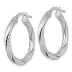 Sterling Silver Rhodium-plated Polished Textured and Twisted 3.00 x 25mm Round Hoop Earrings