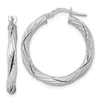 Sterling Silver Rhodium-plated Polished Textured and Twisted 3.00 x 25mm Round Hoop Earrings