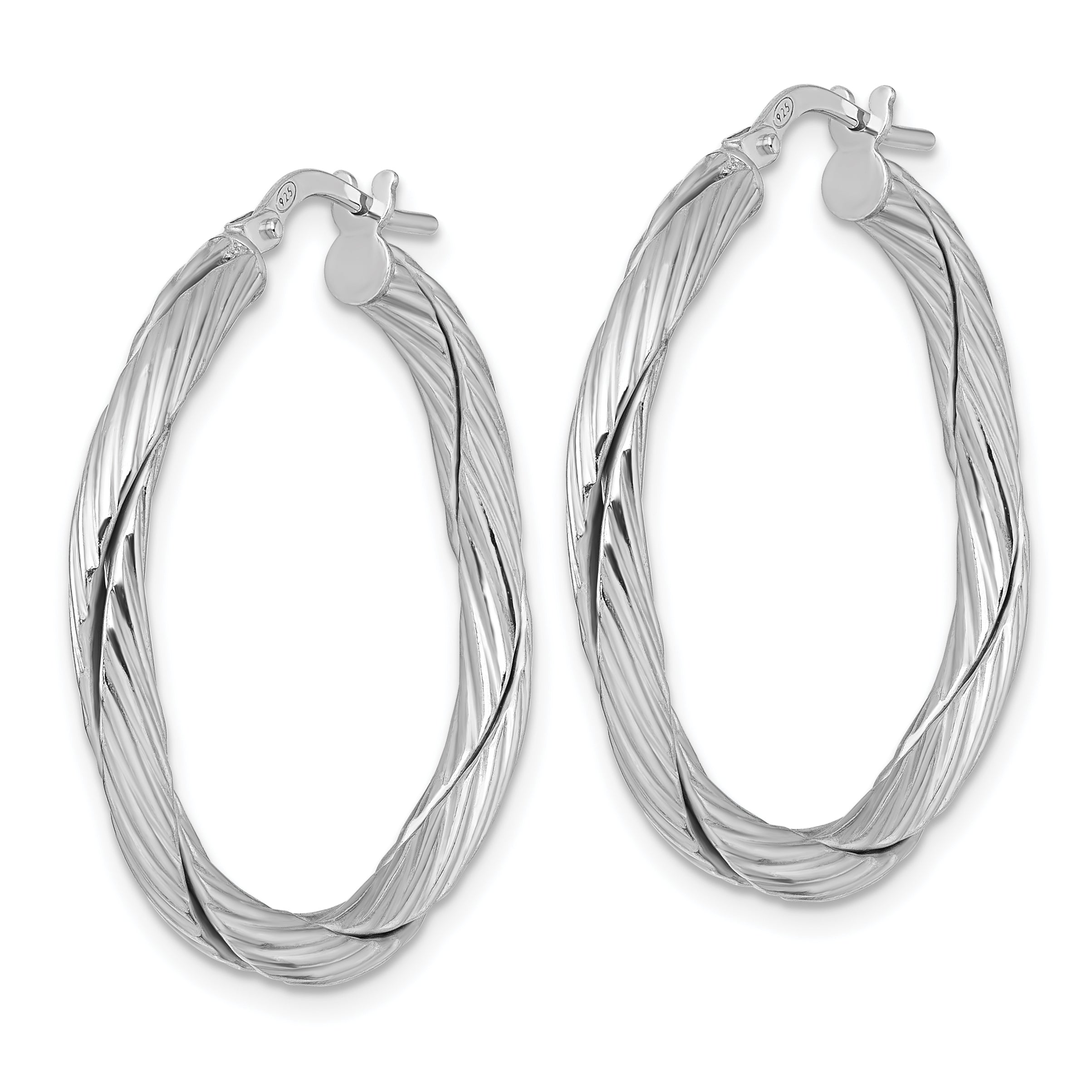 Sterling Silver Rhodium-plated Polished Textured and Twisted 3.00 x 30mm Round Hoop Earrings Secondary image