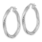 Sterling Silver Rhodium-plated Polished Textured and Twisted 3.00 x 30mm Round Hoop Earrings