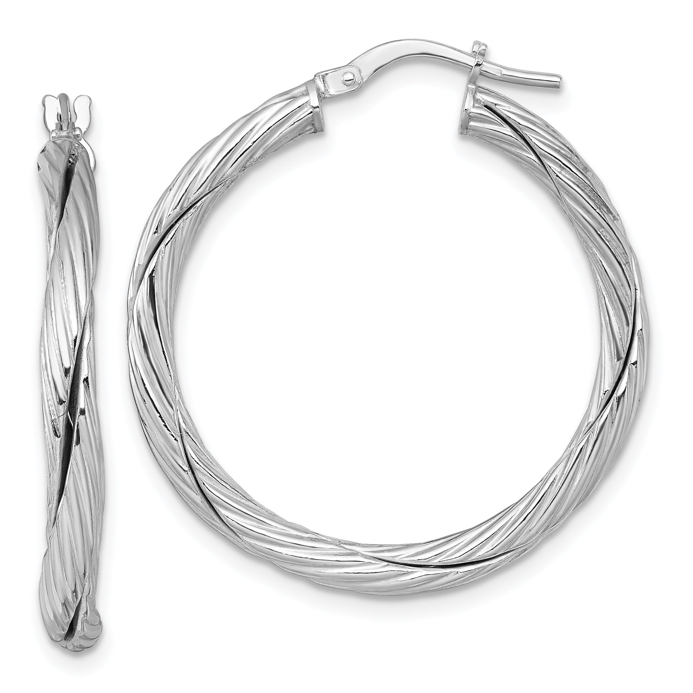 Sterling Silver Rhodium-plated Polished Textured and Twisted 3.00 x 30mm Round Hoop Earrings Main image