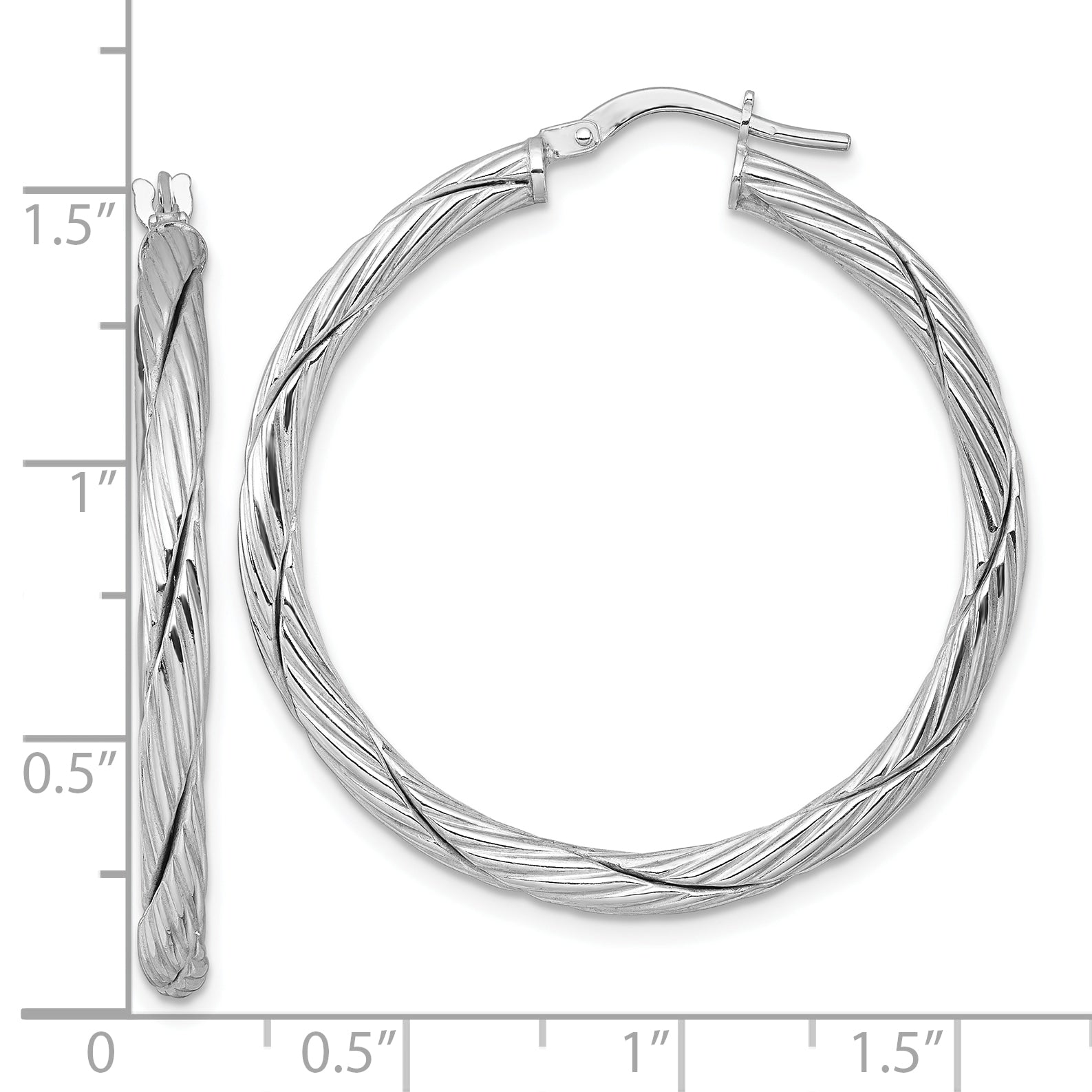 Sterling Silver Rhodium-plated Polished Textured and Twisted 3.00 x 36mm Round Hoop Earrings