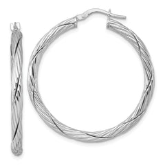 Sterling Silver Rhodium-plated Polished Textured and Twisted 3.00 x 36mm Round Hoop Earrings