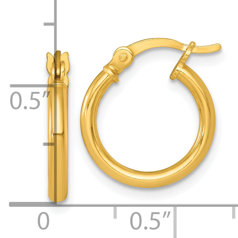 Sterling Silver Gold-tone Polished 2.00mm x 15mm Round Tube Hoop Earrings