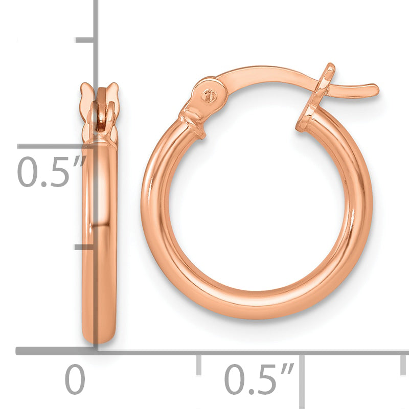 Sterling Silver Rose-tone Polished 2.00mm x 15mm Round Tube Hoop Earrings