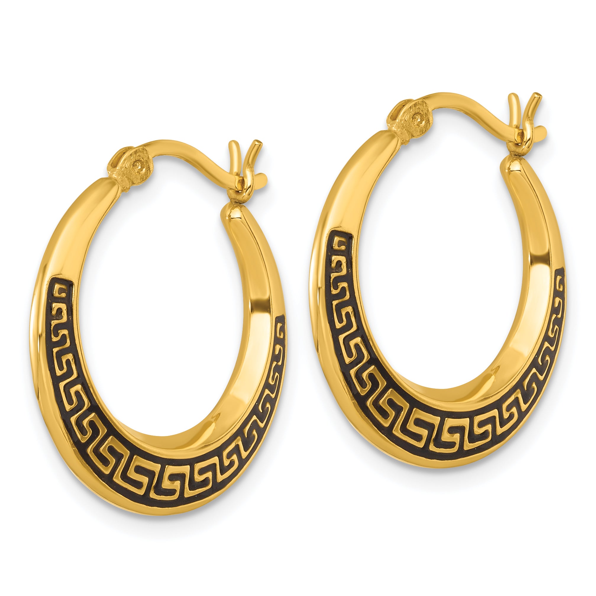 Sterling Silver Gold-tone Polished and Black Enameled Greek Key Round Graduated Hollow Hoop Earrings Secondary image