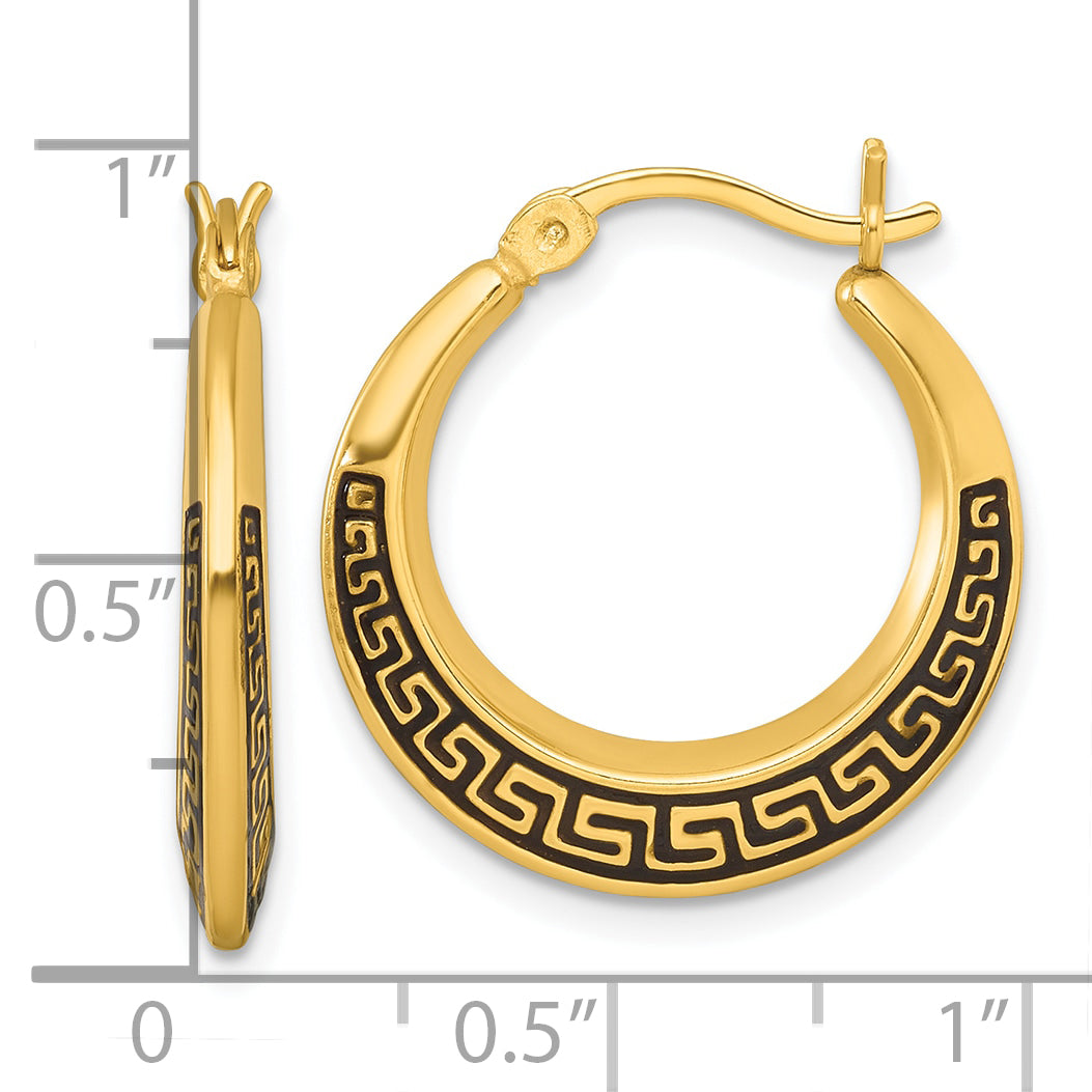 Sterling Silver Gold-tone Polished and Black Enameled Greek Key Round Graduated Hollow Hoop Earrings