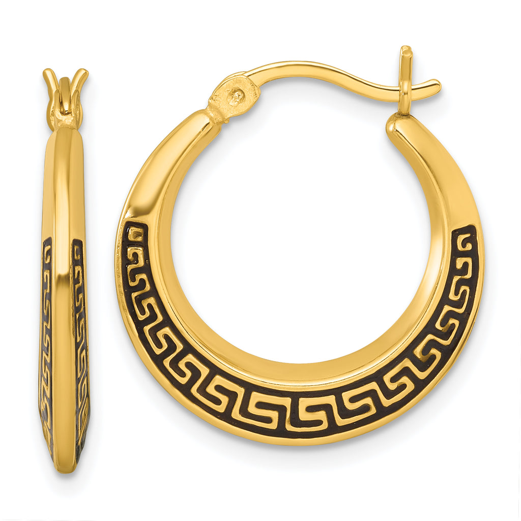 Sterling Silver Gold-tone Polished and Black Enameled Greek Key Round Graduated Hollow Hoop Earrings