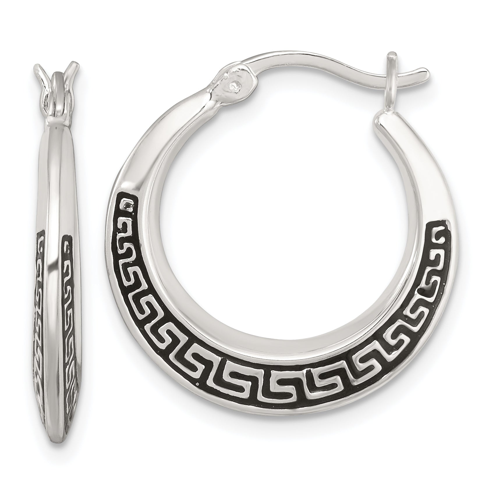 Sterling Silver Polished and Black Enameled Greek Key Round Graduated Hollow Hoop Earrings Main image