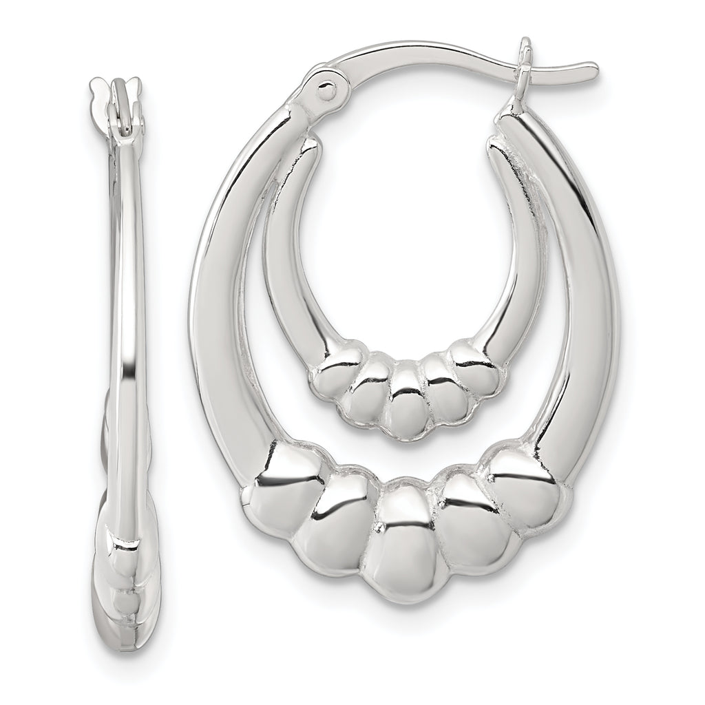 Sterling Silver Polished Scalloped Double Oval Hollow Hoop Earrings