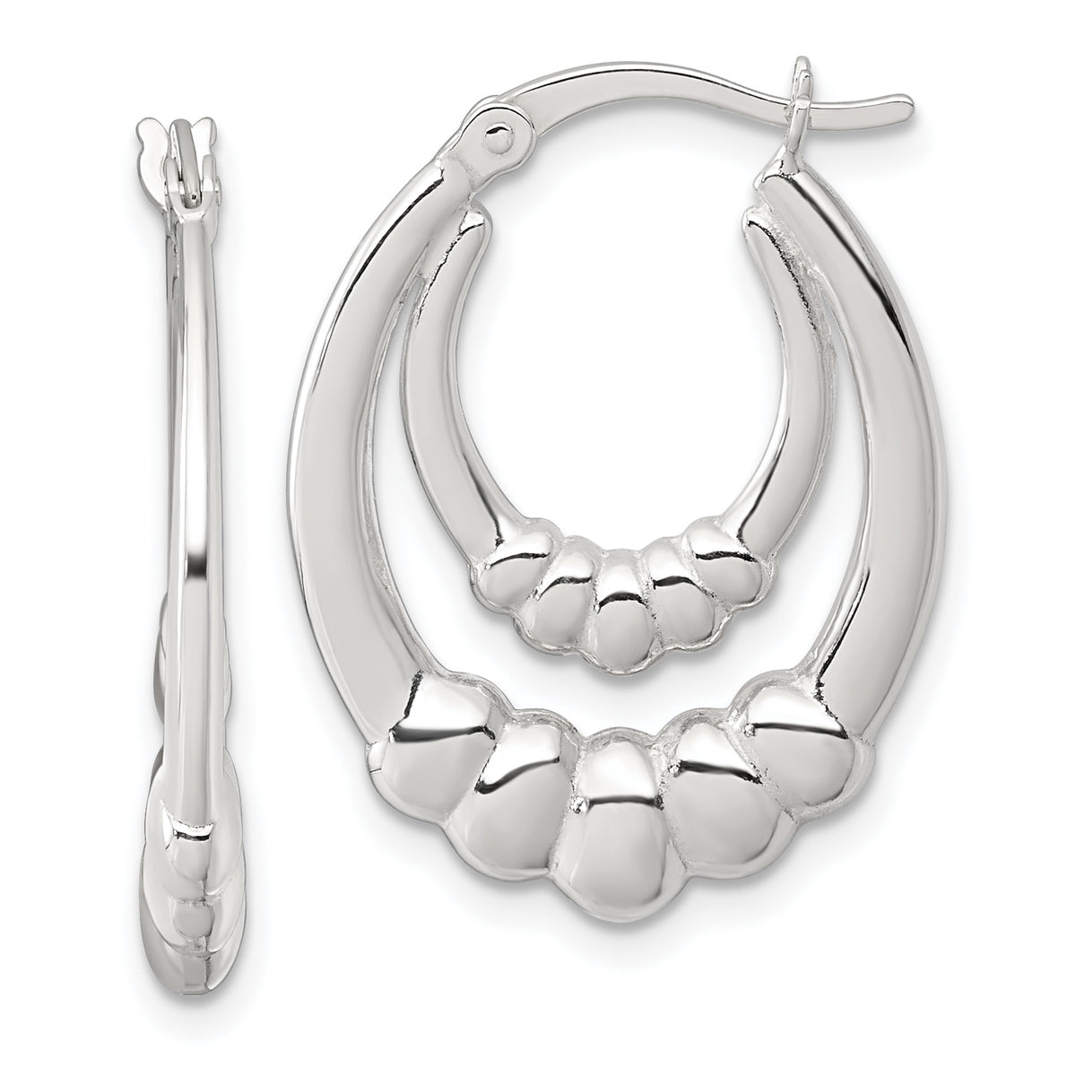 Sterling Silver Polished Scalloped Double Oval Hollow Hoop Earrings