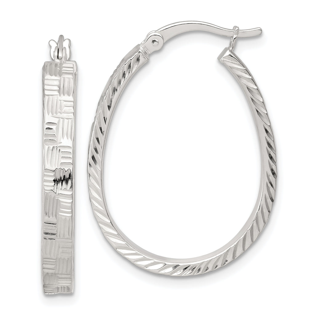 Sterling Silver Polished Straight Diamond-cut 4.0mm Oval Hoop Earrings
