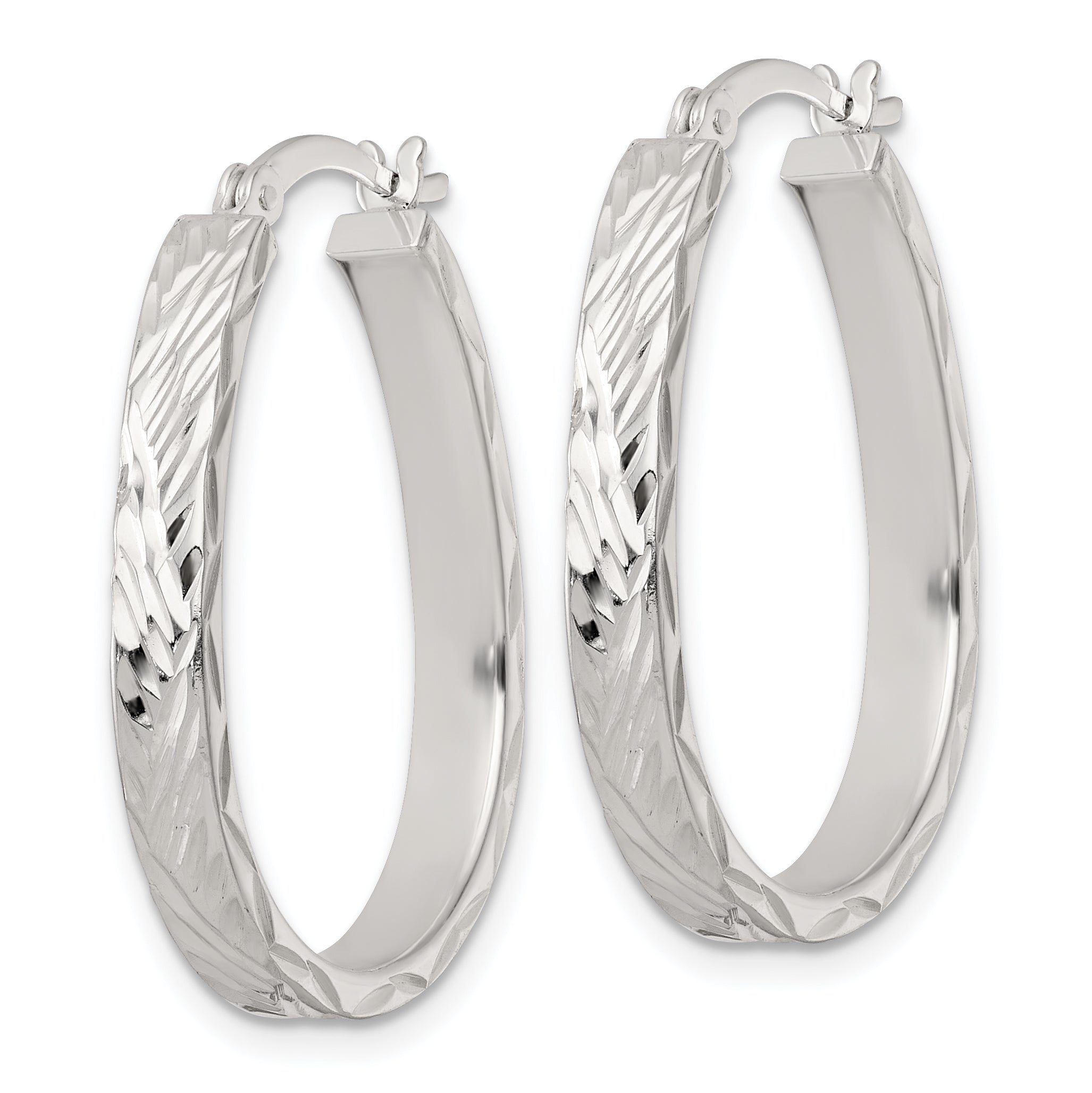 Sterling Silver Polished Diamond-cut 4.0mm Oval Hoop Earrings Secondary image