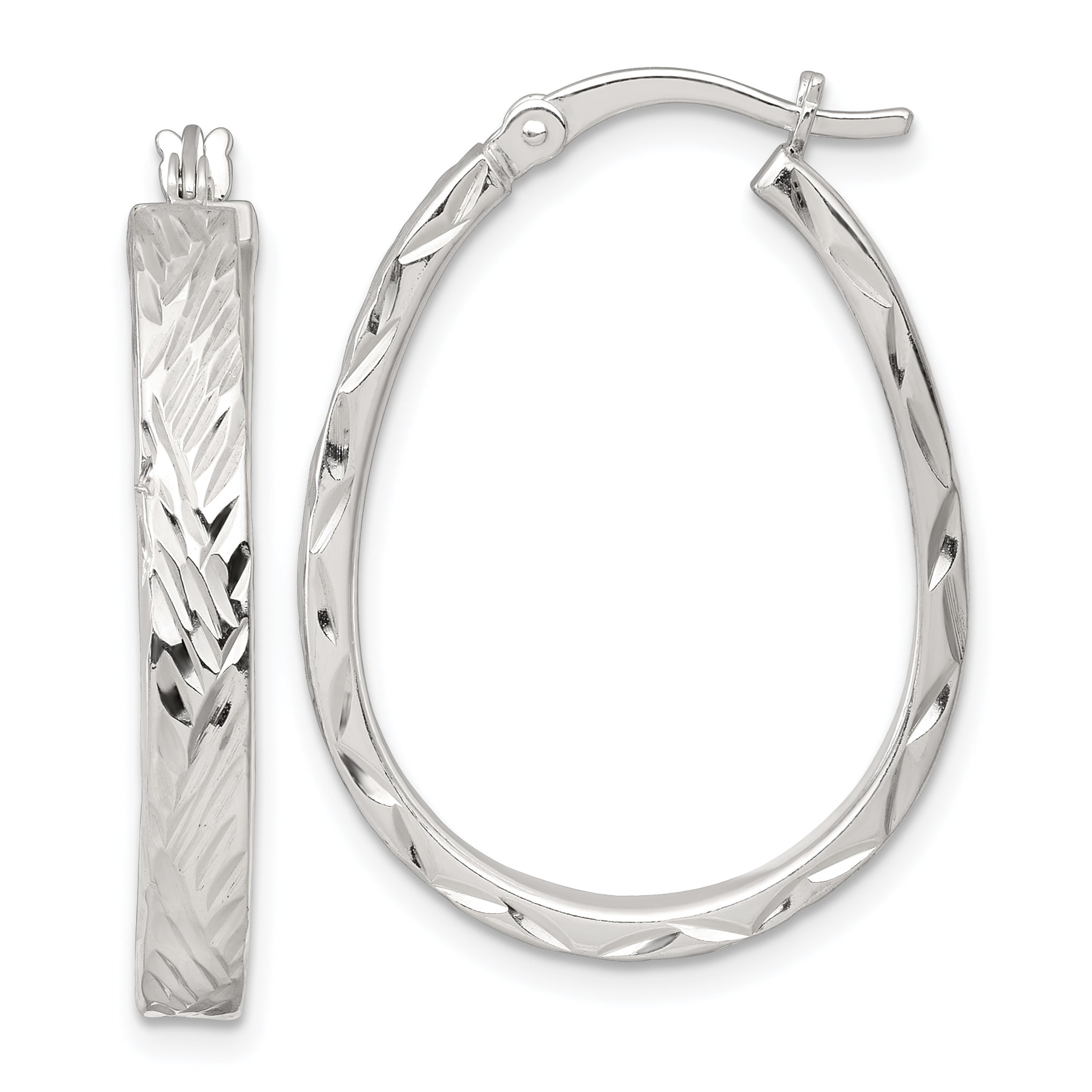 Sterling Silver Polished Diamond-cut 4.0mm Oval Hoop Earrings