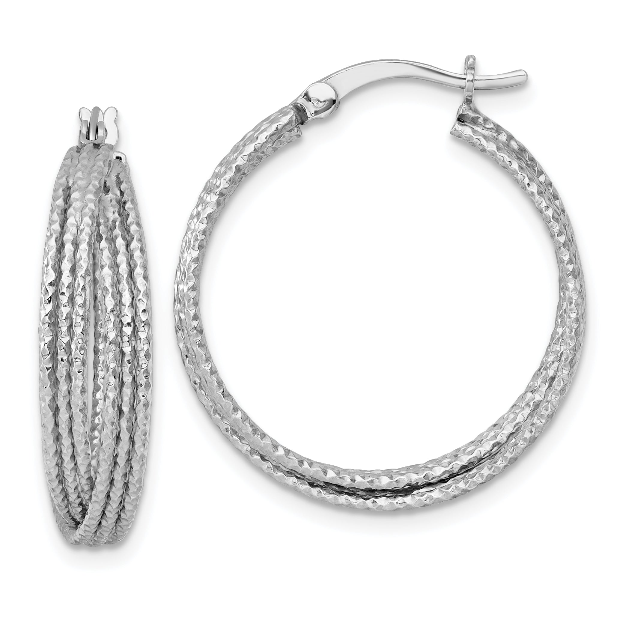 Sterling Silver Rhodium-plated Textured 25.0mm Crisscross Round Hoop Earrings Main image