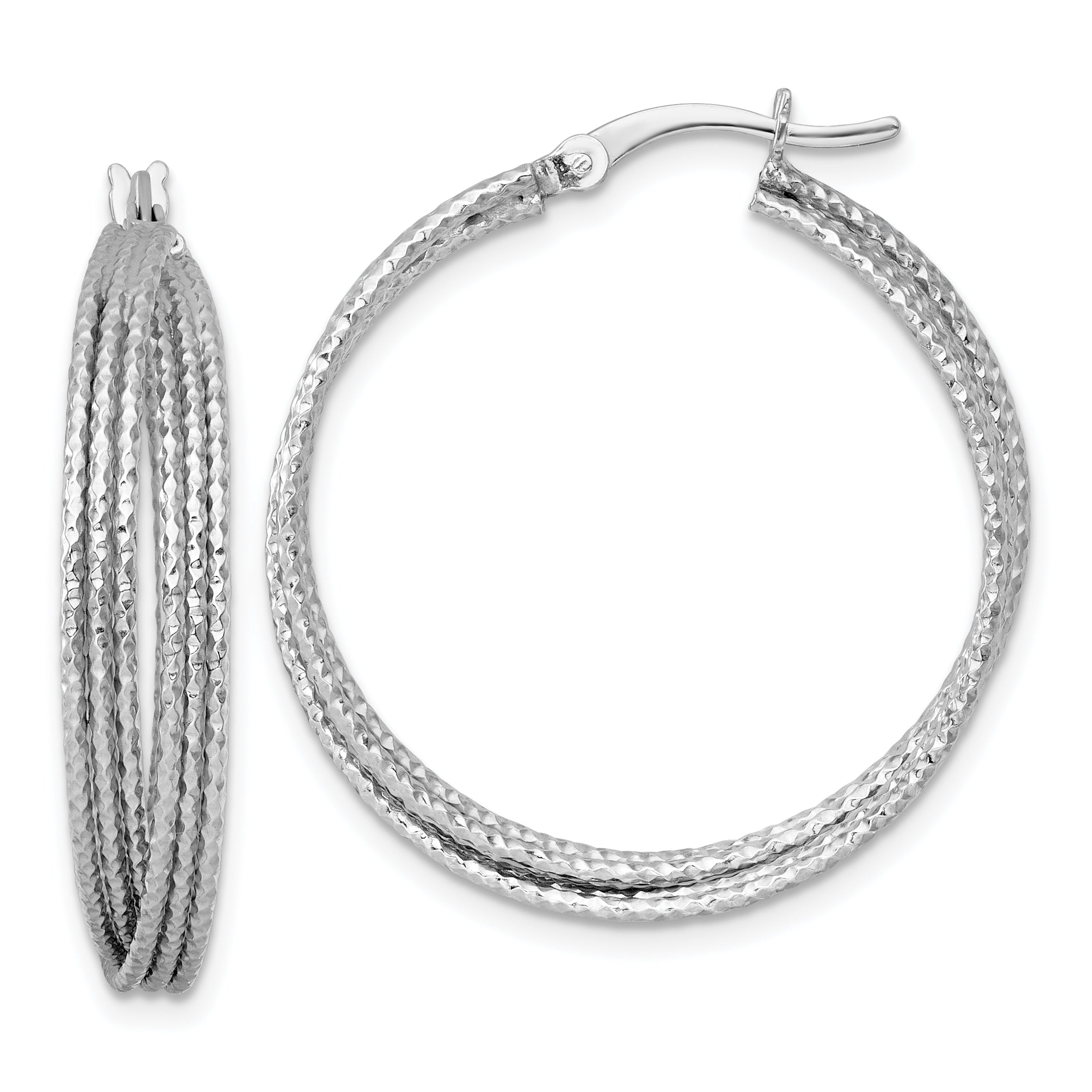 Sterling Silver Rhodium-plated Textured 31.0mm Crisscross Round Hoop Earrings Main image