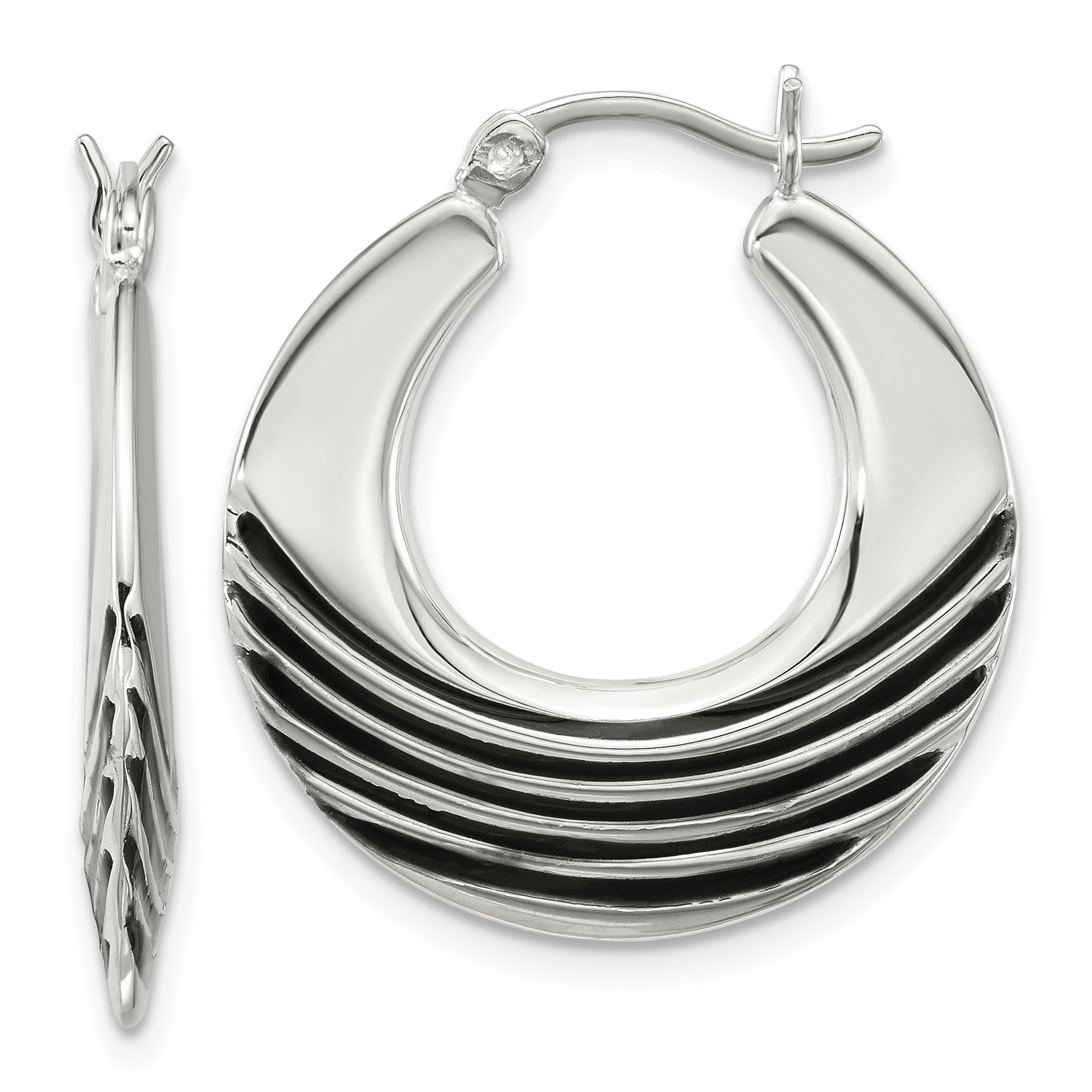 Sterling Silver Polished with Black Enamel Stripes Round Hollow Hoop Earrings Main image