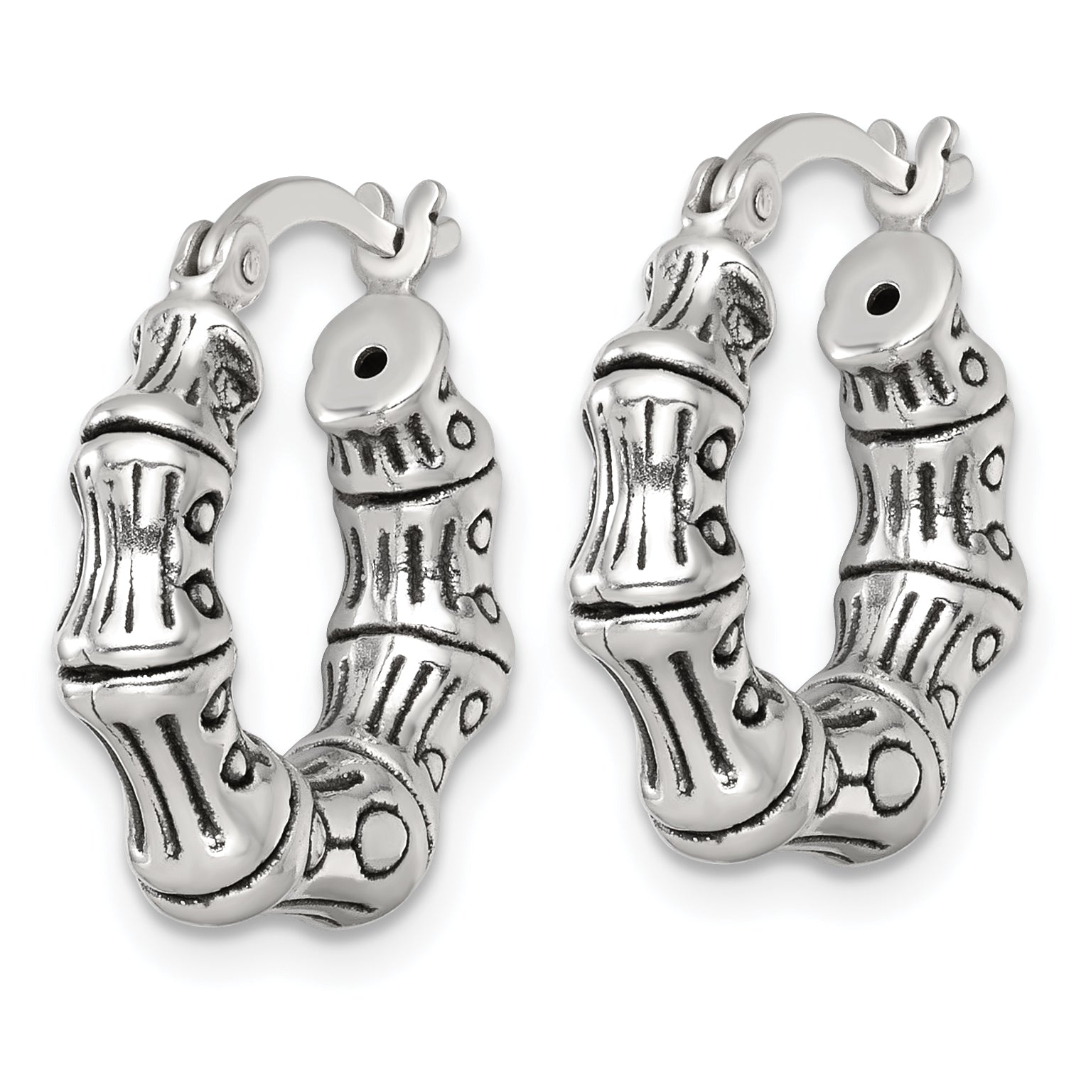 Sterling Silver Antiqued Textured Bamboo Round Hoop Earrings Secondary image