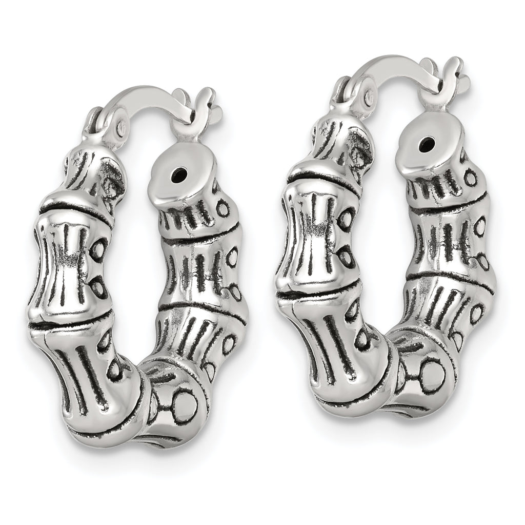 Sterling Silver Antiqued Textured Bamboo Round Hoop Earrings