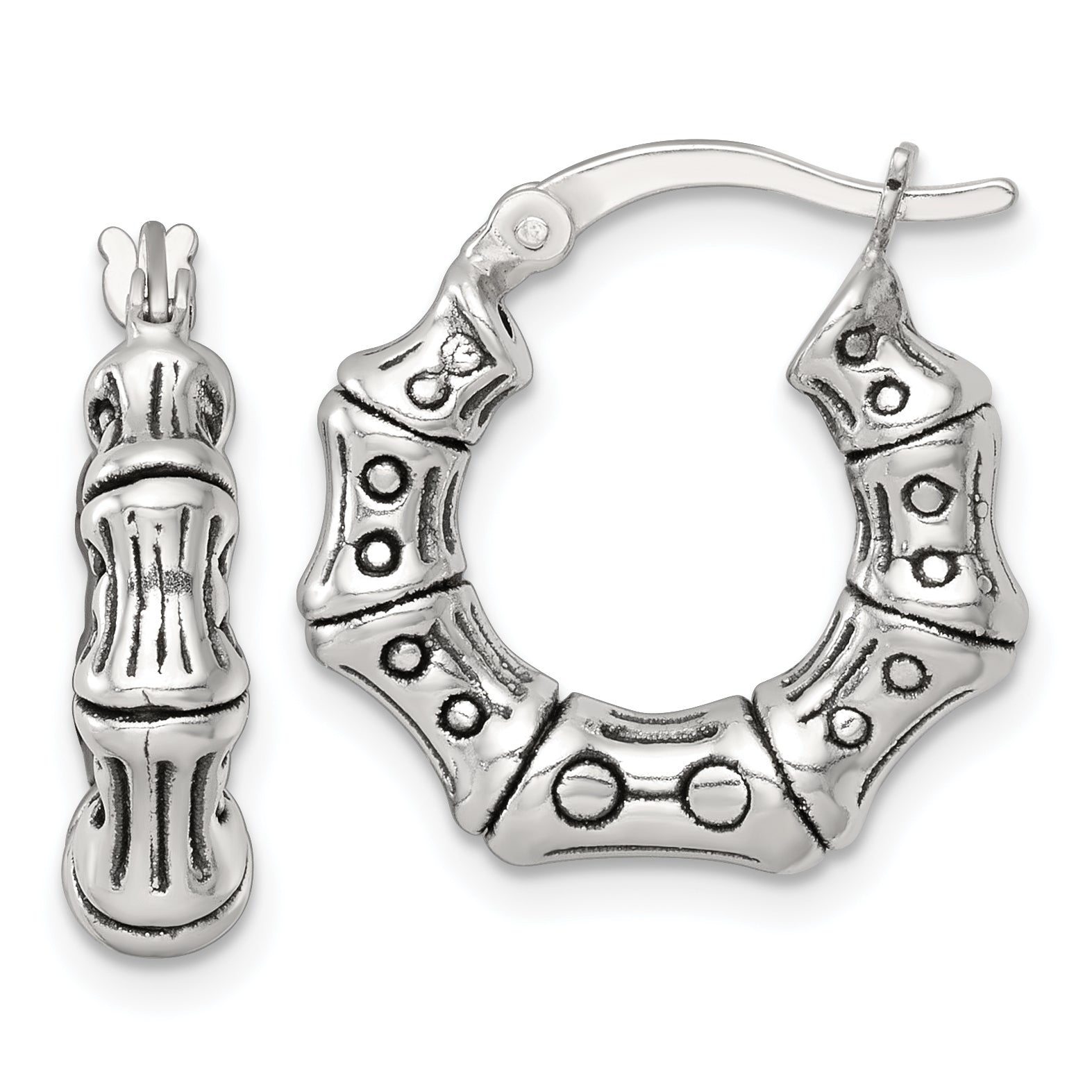 Sterling Silver Antiqued Textured Bamboo Round Hoop Earrings Main image