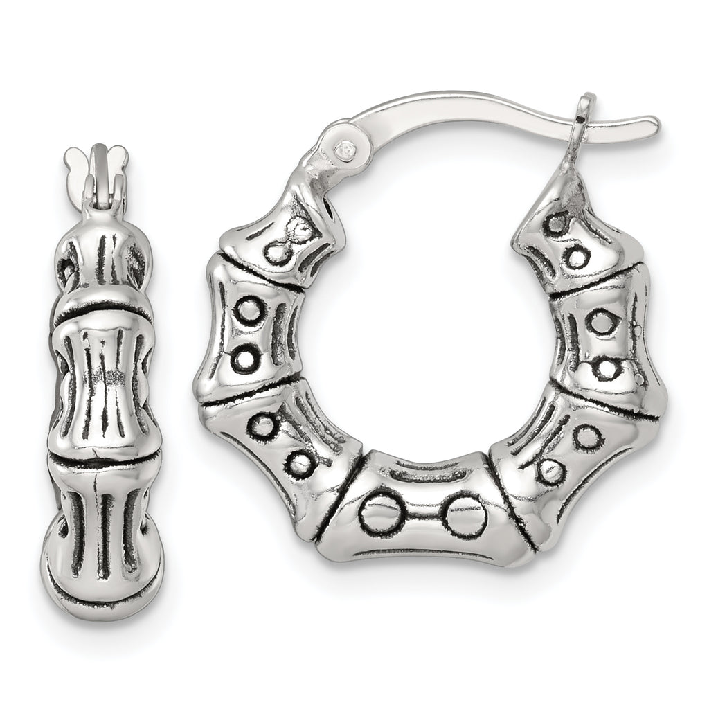Sterling Silver Antiqued Textured Bamboo Round Hoop Earrings