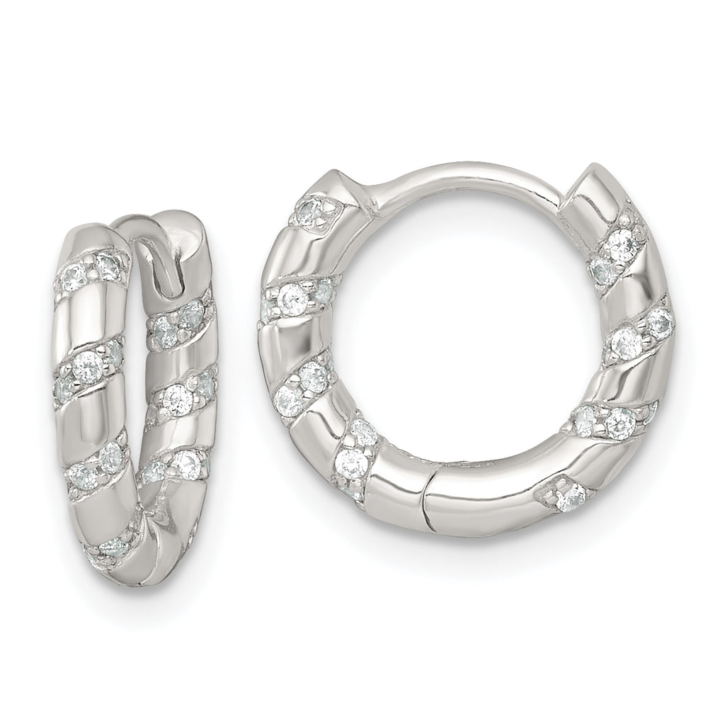 Sterling Silver Polished CZ Round Hinged Hoop Earrings