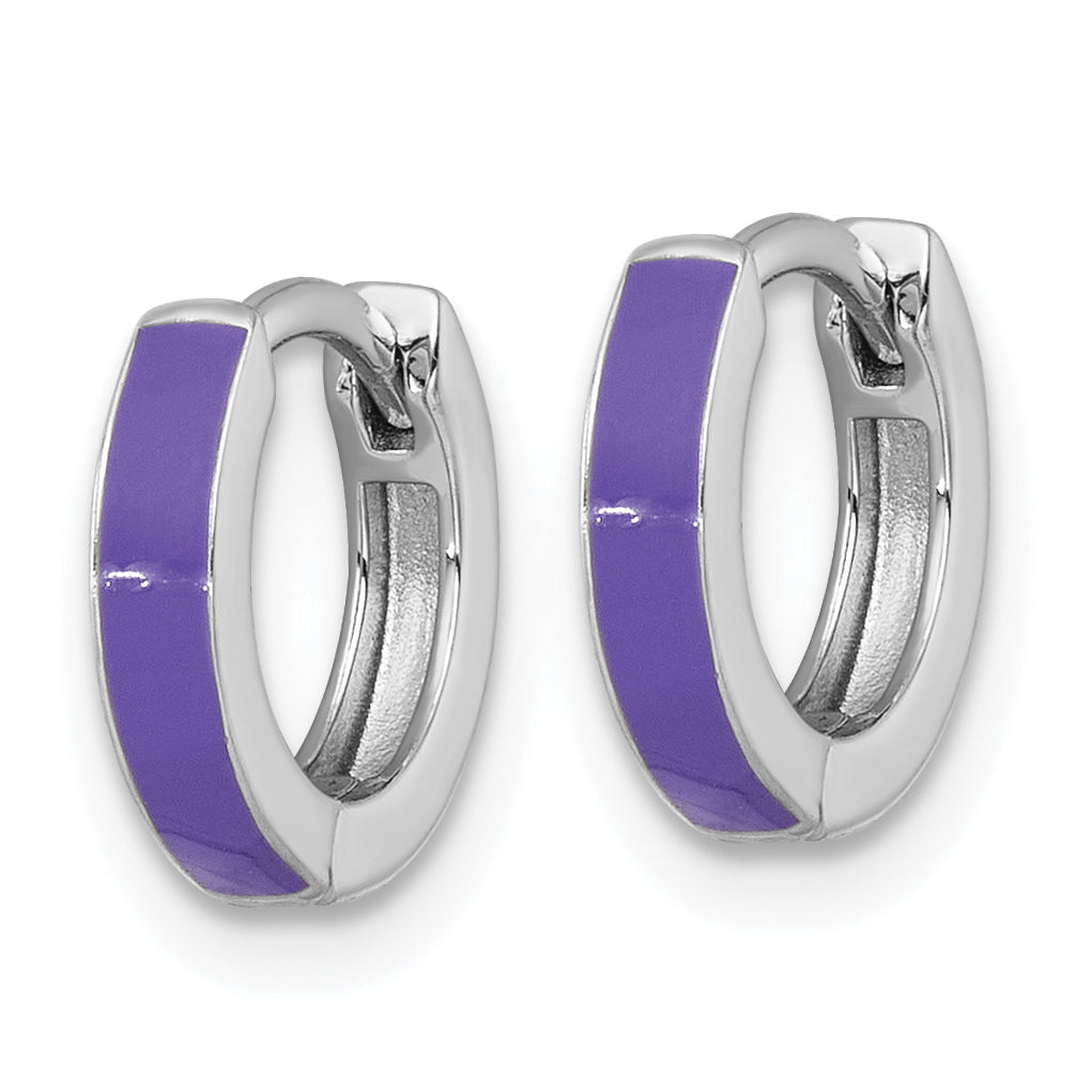 Sterling Silver Rhodium-plated Polished Purple Enameled Hinged Round Hoop Earrings Secondary image