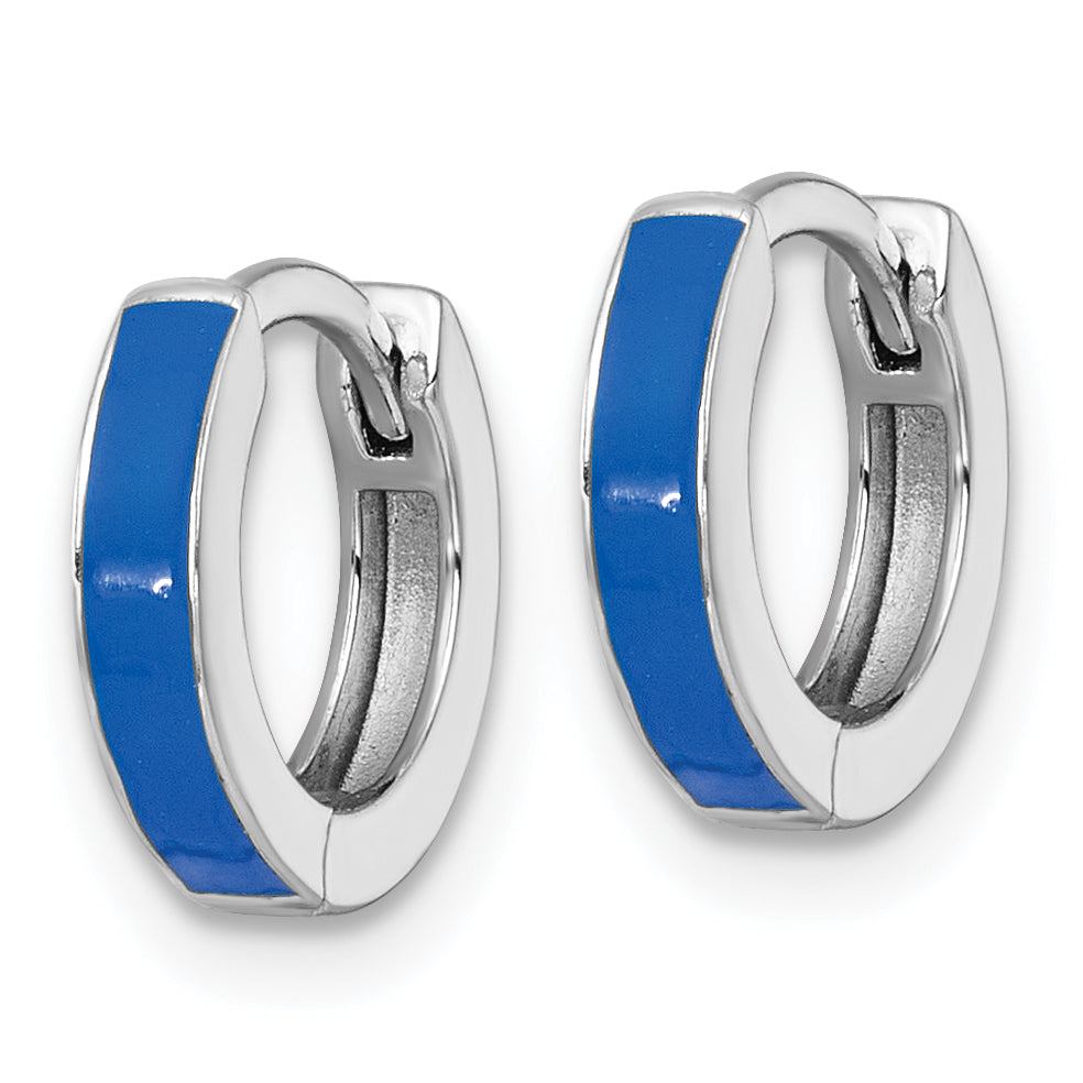 Sterling Silver Rhodium-plated Polished Blue Enameled Hinged Round Hoop Earrings Secondary image