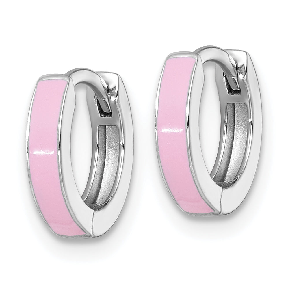 Sterling Silver Rhodium-plated Polished Pink Enameled Hinged Round Hoop Earrings Secondary image