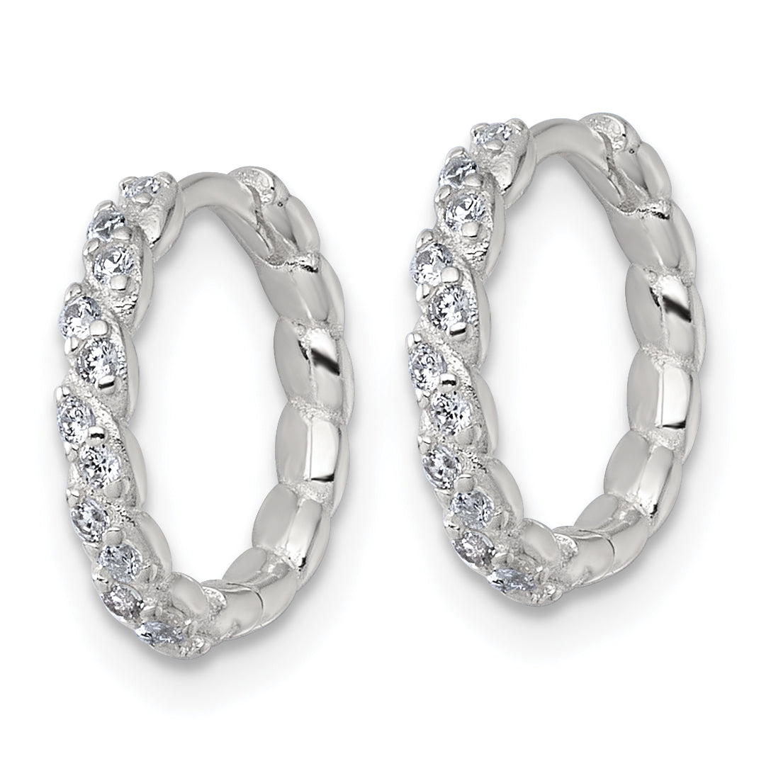 Sterling Silver Polished and Twisted 2.2mm x 12mm CZ Hinged Round Hoop Earrings Secondary image