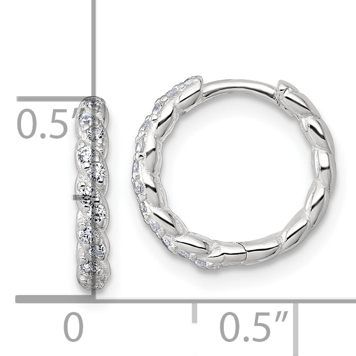Sterling Silver Polished and Twisted 2.2mm x 12mm CZ Hinged Round Hoop Earrings