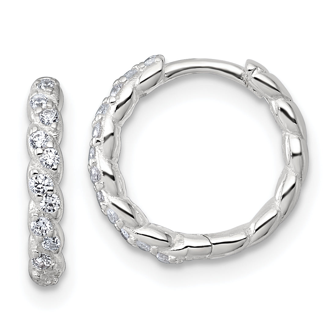 Sterling Silver Polished and Twisted 2.2mm x 12mm CZ Hinged Round Hoop Earrings Main image