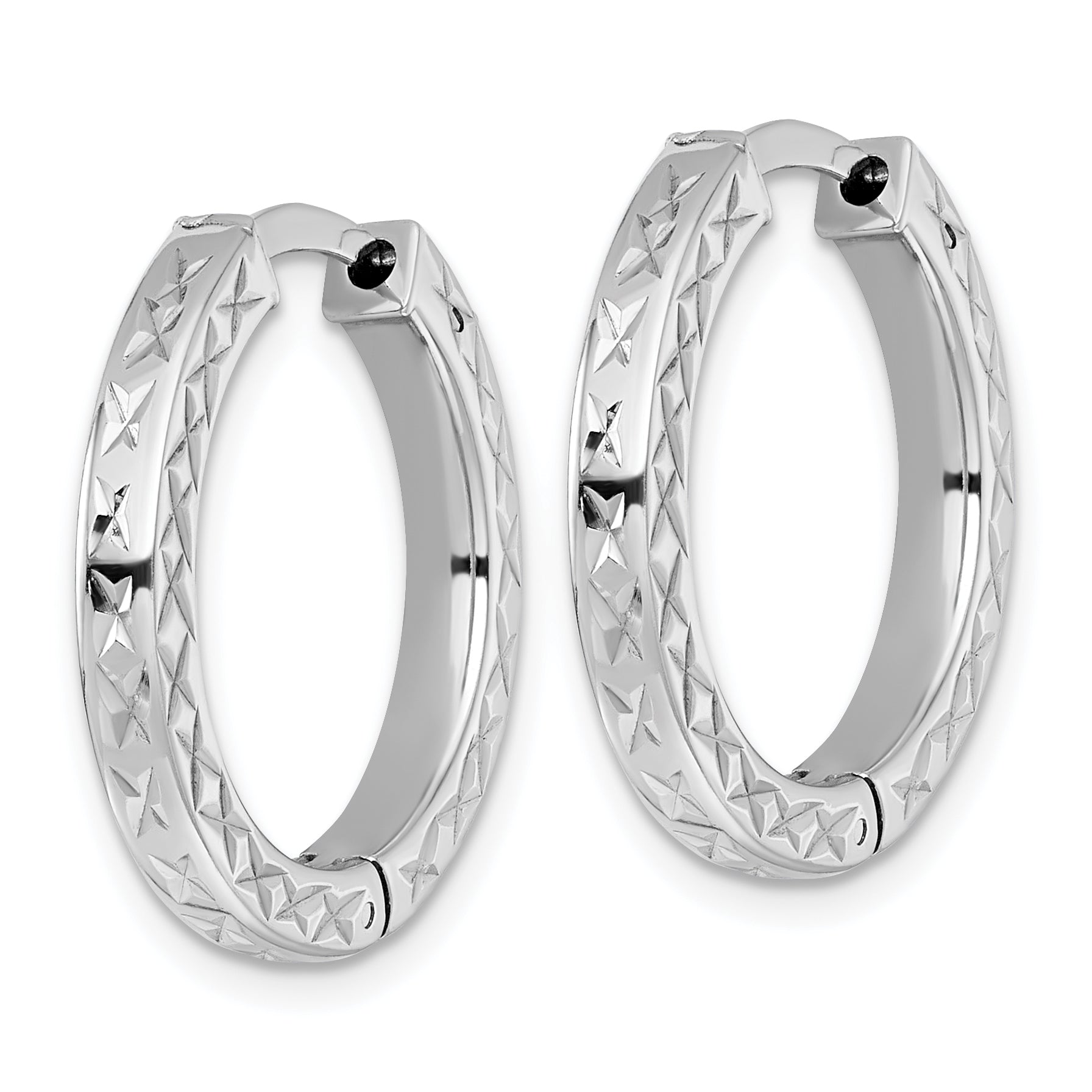 Sterling Silver Rhodium-plated Polished Diamond-cut 3x23mm with Safety Lock Hinged Square Tube Hoop Earrings