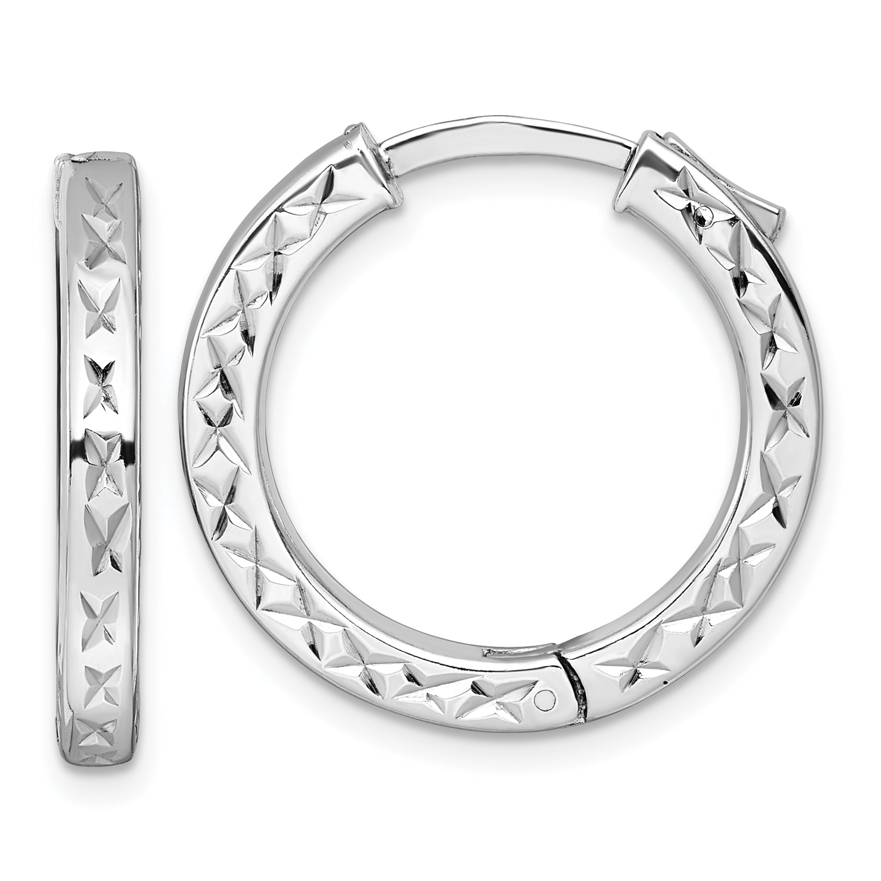 Sterling Silver Rhodium-plated Polished Diamond-cut 3x23mm with Safety Lock Hinged Square Tube Hoop Earrings Main image