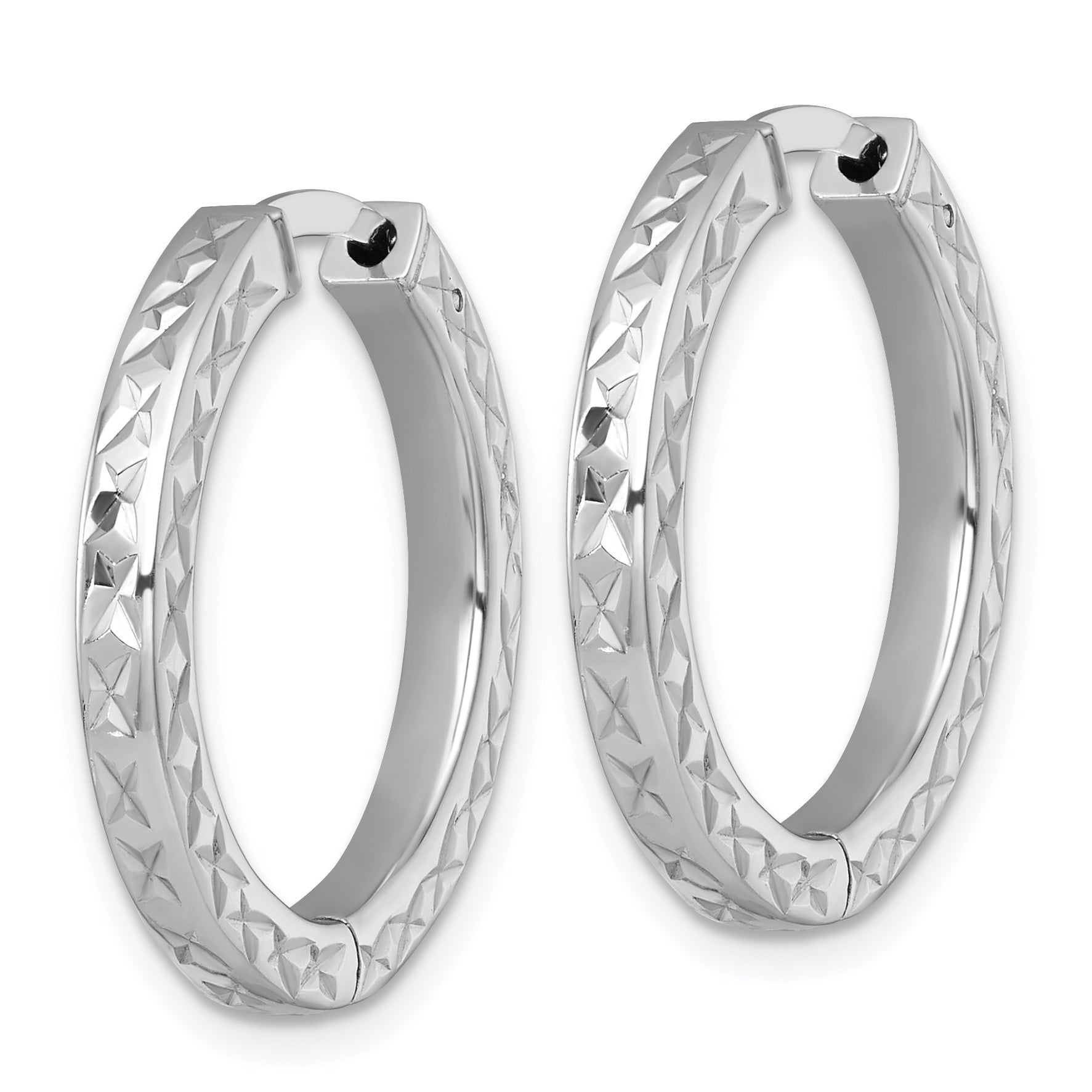 Sterling Silver Rhodium-plated Polished Diamond-cut 3x25mm with Safety Lock Hinged Square Tube Hoop Earrings Secondary image