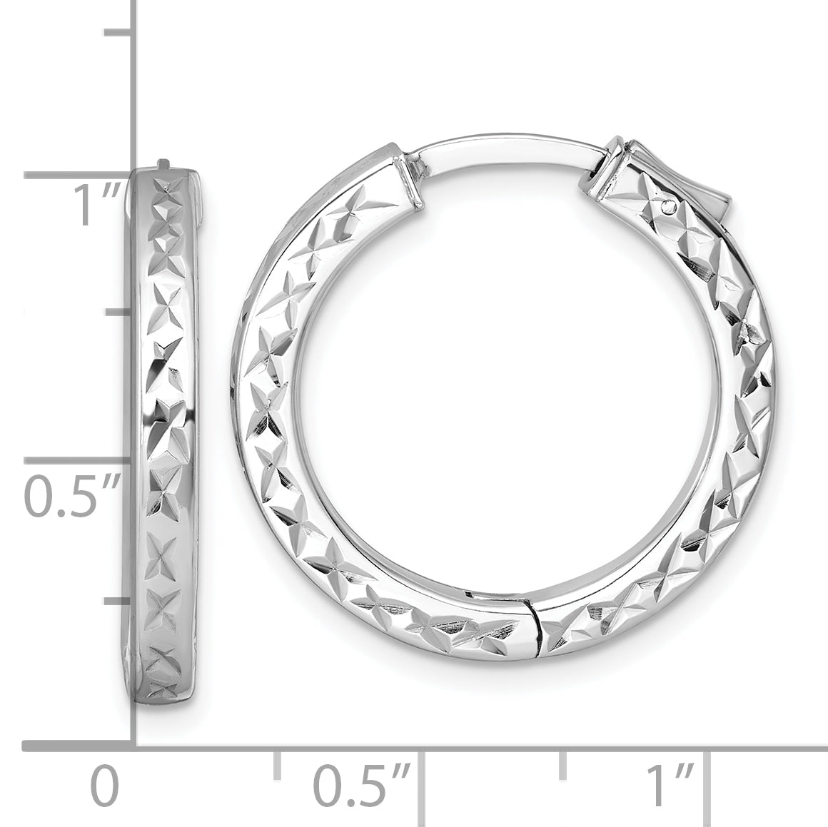 Sterling Silver Rhodium-plated Polished Diamond-cut 3x25mm with Safety Lock Hinged Square Tube Hoop Earrings