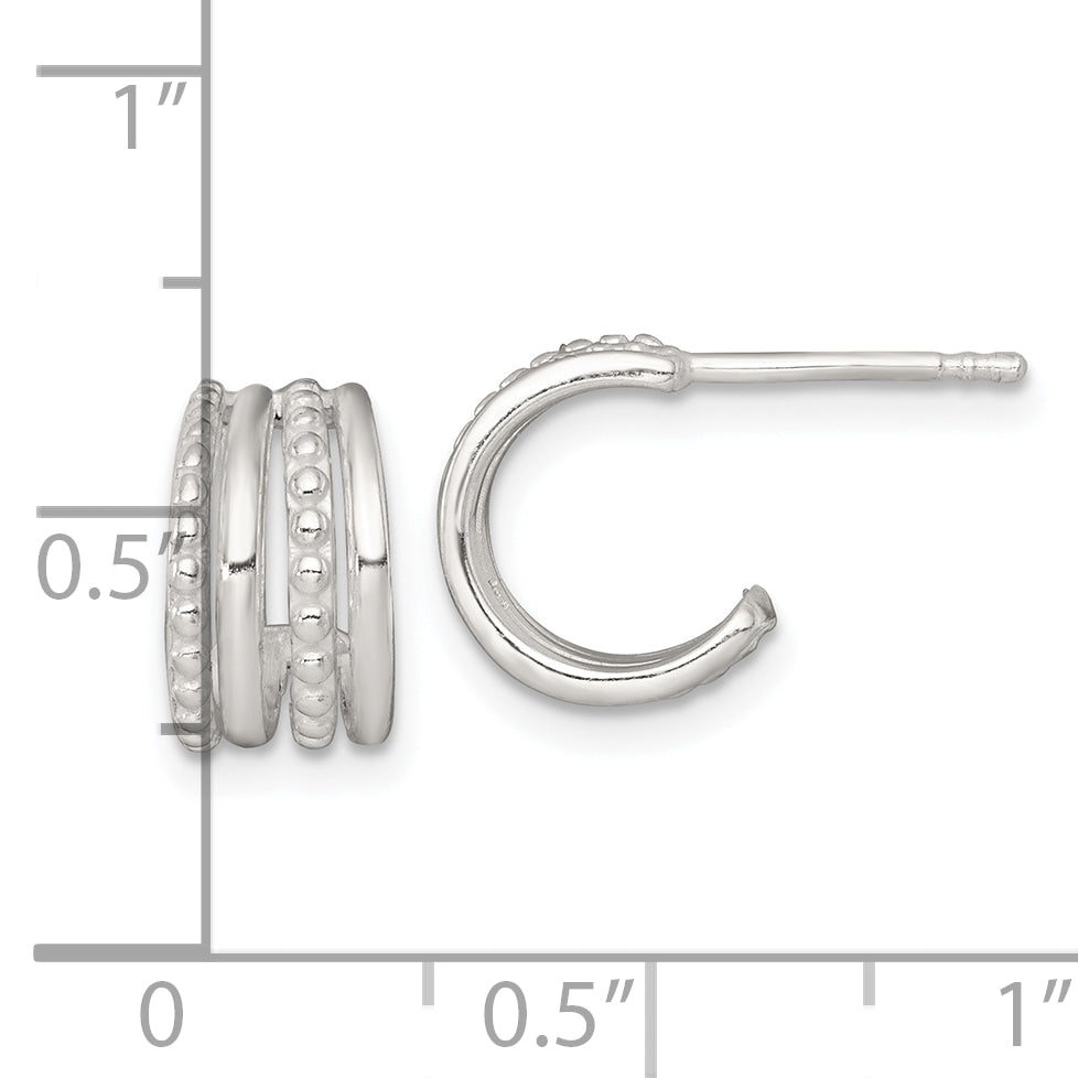 Sterling Silver Polished and Beaded 4-Row C-Hoop Post Earrings