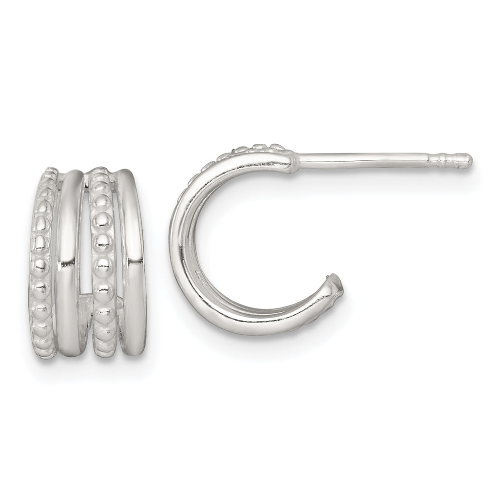 Sterling Silver Polished and Beaded 4-Row C-Hoop Post Earrings