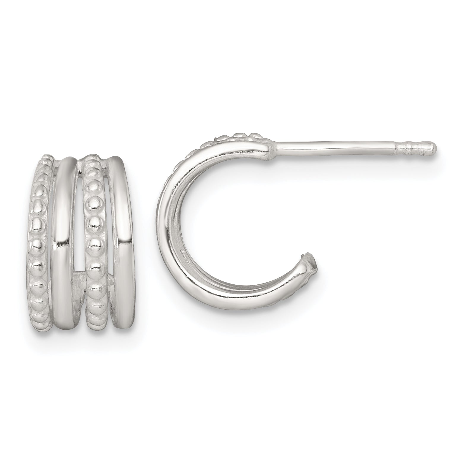 Sterling Silver Polished and Beaded 4-Row C-Hoop Post Earrings