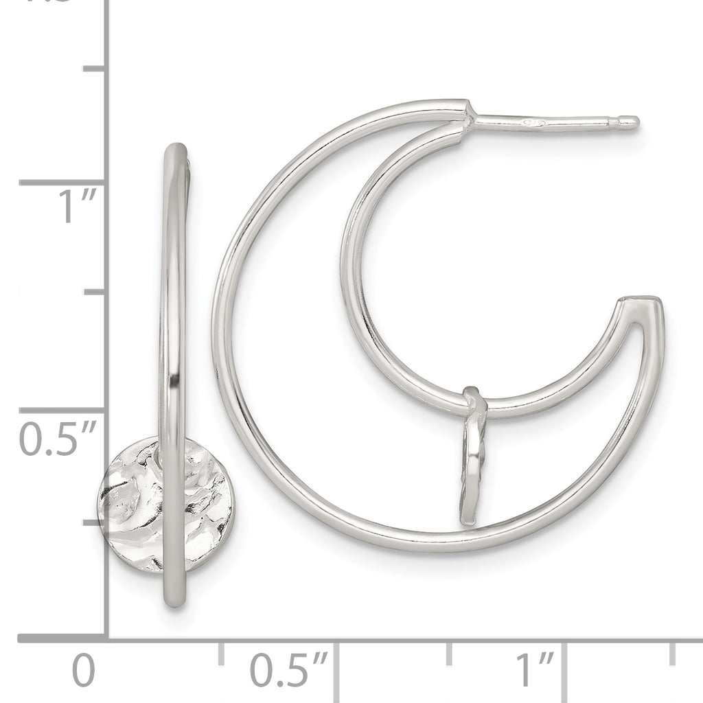 Sterling Silver Polished Textured Moveable Disc Fancy Crescent Moon C-Hoop Post Earrings