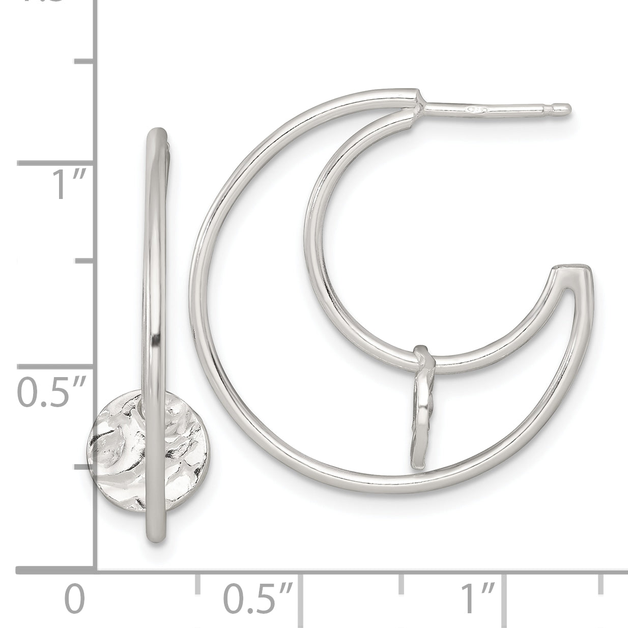 Sterling Silver Polished Textured Moveable Disc Fancy Crescent Moon C-Hoop Post Earrings