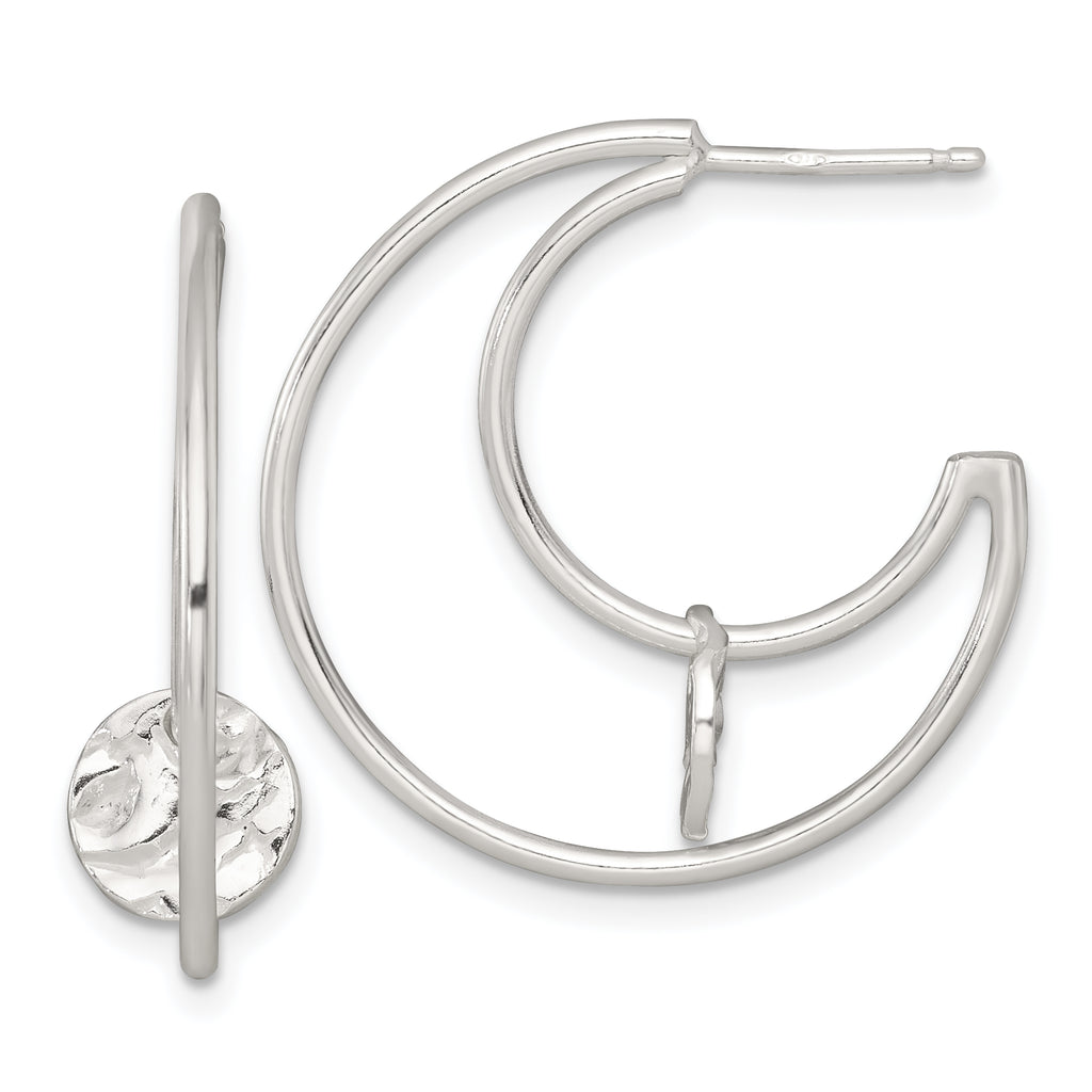 Sterling Silver Polished Textured Moveable Disc Fancy Crescent Moon C-Hoop Post Earrings