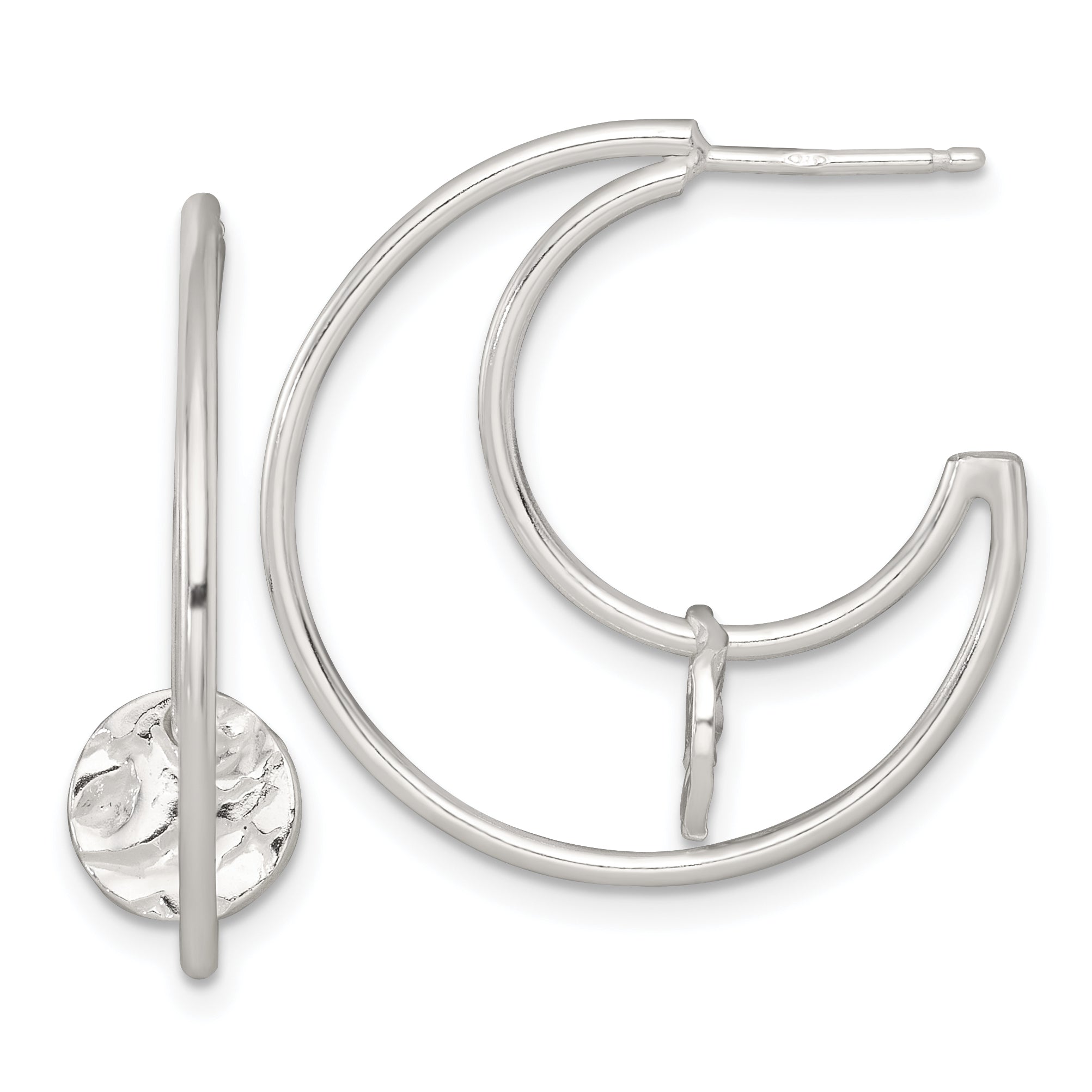 Sterling Silver Polished Textured Moveable Disc Fancy Crescent Moon C-Hoop Post Earrings