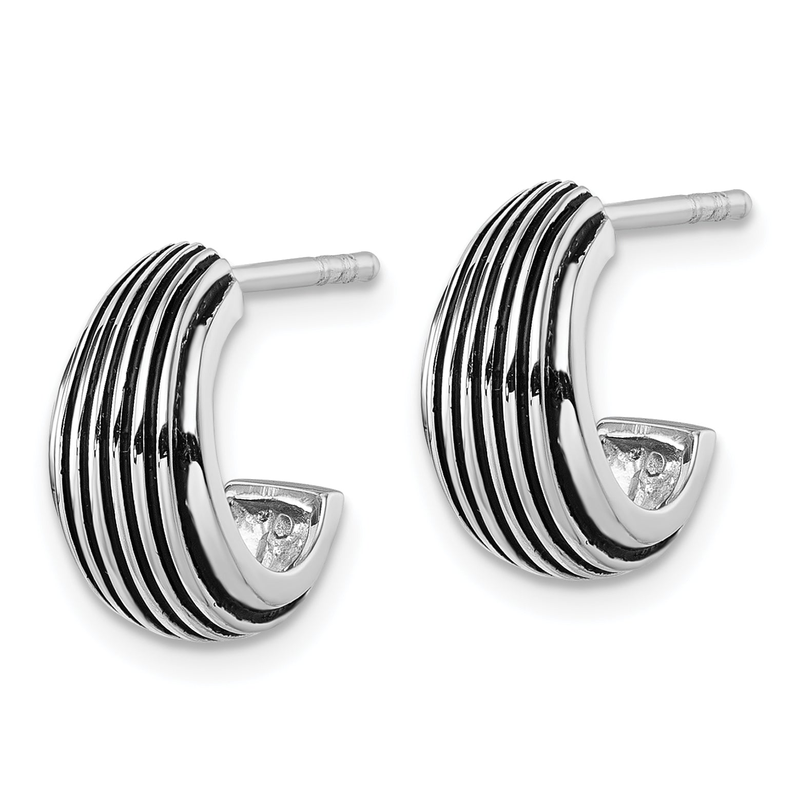 Sterling Silver Rhodium-plated Antiqued Grooved Graduated J-Hoop Post Earrings Secondary image