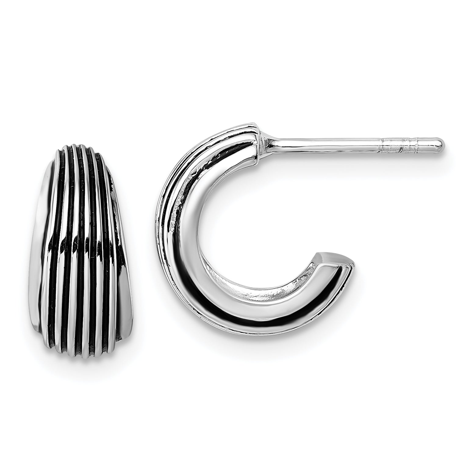 Sterling Silver Rhodium-plated Antiqued Grooved Graduated J-Hoop Post Earrings Main image