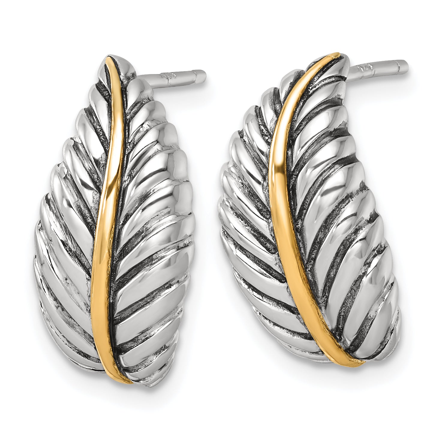 Sterling Silver Antiqued with 14k Accent Polished Feather Post Earrings